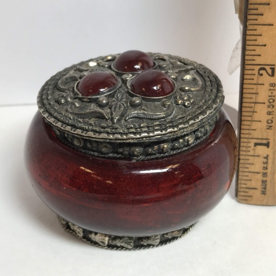 Vintage Ruby Red Glass Trinket Box with Ornate Plated Top