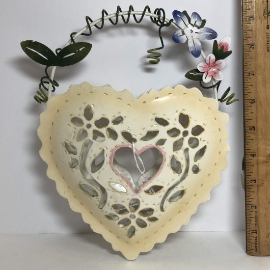 Open Metal Heart Basket Wall Hanging with Flowers & Vine