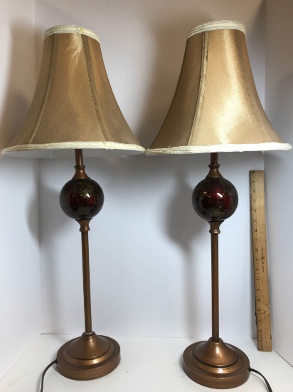 Pair of Tall Table Lamps with Copper Finish & Gold Sparkle Glass Bulbs
