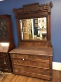 Victorian Hand Carved Burled Walnut Eastlake Dresser with Marble Top & Mirror on Casters