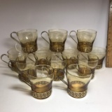 Set of 12 Libby’s Amber Greek Key Gold Tone Glasses with Handles