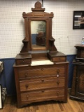 Antique Wooden Eastlake Dresser with Mirror & Marble Insert