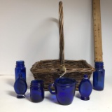 Basket Full of Cobalt Bottles & Creamer