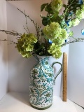 Impressive Large Blue & Green Ceramic Pitcher Vase Full of Artificial Flowers