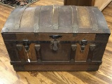 Antique Wooden Humpback Travel Trunk with Tray Insert with Victorian Woman