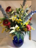 Beautiful Artificial Flower Arrangement in Large Cobalt Glass Vase