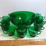 Beautiful Vintage Forest Green Glass 16 pc Punch Bowl Set
