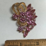 Gold Tone Pink Rhinestone Brooch/Slider