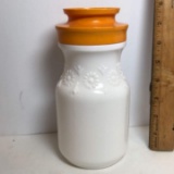 Vintage Milk Glass Tang Jar with Orange Lid