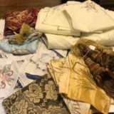 Lot of Vintage Linens - Embroidered Table Scarf, Tassels, Table Clothes & More