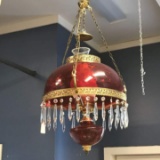 Beautiful Ruby Red Chandelier with Hanging Prisms