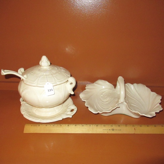 White Ceramic Soup Tureen & Handled Divided Leaf Serving / Candy Dish