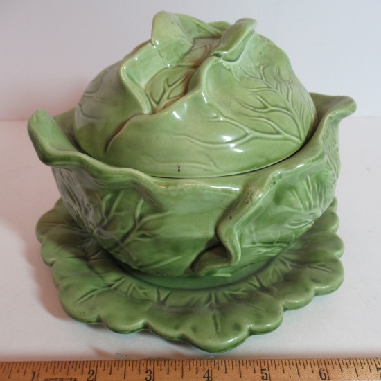 Vintage Ceramic Green Cabbage Covered Bowl with Underplate