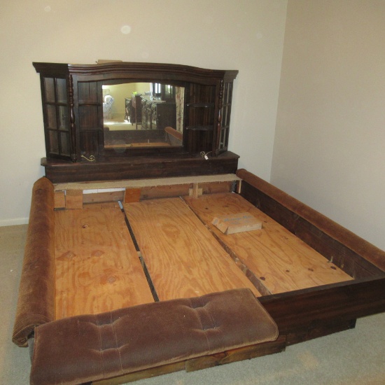 Wooden Waterbed Frame with Mirrored Headboard