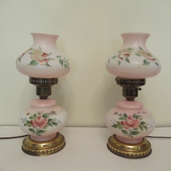 Pair of Pink Floral Hurricane Electric Lamps