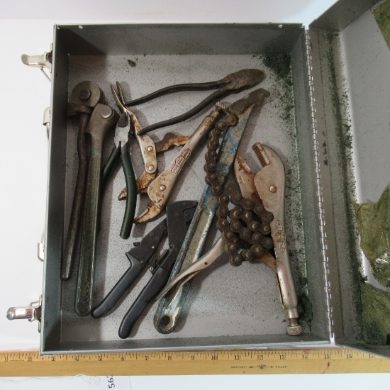 Chain Wrench, Vise Grips, Tubing Bender in Metal Box - See Photo
