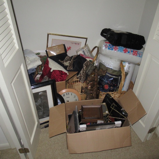 Contents of Closet - Frames, Collectibles, Linens & More, Some New - See Photo
