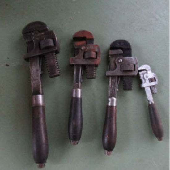Set of 4 Vintage Wood Handled Pipe Wrenches Bonney Stillson & others