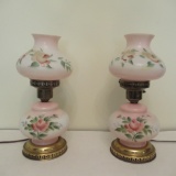 Pair of Pink Floral Hurricane Electric Lamps