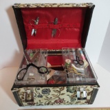 Floral Sewing Box with Many Items - Scissors, Thread etc.