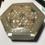 Beautiful Mother-of-Pearl & Bone Inlaid Wood Jewelry Box Hand Crafted in Egypt w/Red Velvet Lining