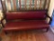 Vintage Heavy Wooden Bench with Leather Upholstery & Decorative Brass Brads