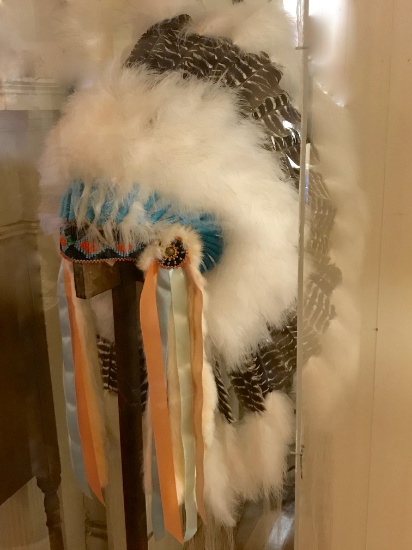 Impressive Original Indian Headdress in Lucite Case with Native American Tools