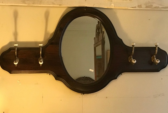 Wooden Oval Mirror Wall Hanging with 4 Hooks