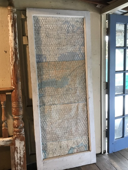 Vintage wooden Chicken Wire Screen Porch Door with Map Back