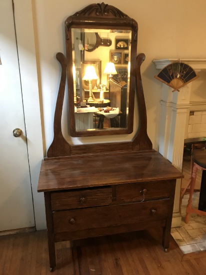 Antique Wooden Wash Stand with Mirror on Casters