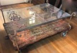Antique Repurposed Cotton Mill Cart on Wheels with Wrought Iron & Glass Top