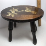 Vintage Wooden Stool with Hummingbird & Flowers