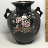 Double Handled Oriental Black Ceramic Vase with Flower Cart Scene