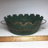 Vintage Double Handled Green Metal Basket with Gilt Accent