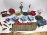 Large Lot of Vintage Toy Dinnerware - Some Slag Glass, Plastic & Tin