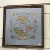 Vintage Hand Made Needle Point Globe Picture in Wooden Frame