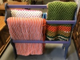 Painted Quilt Rack with Quilt & Hand Made Afghans