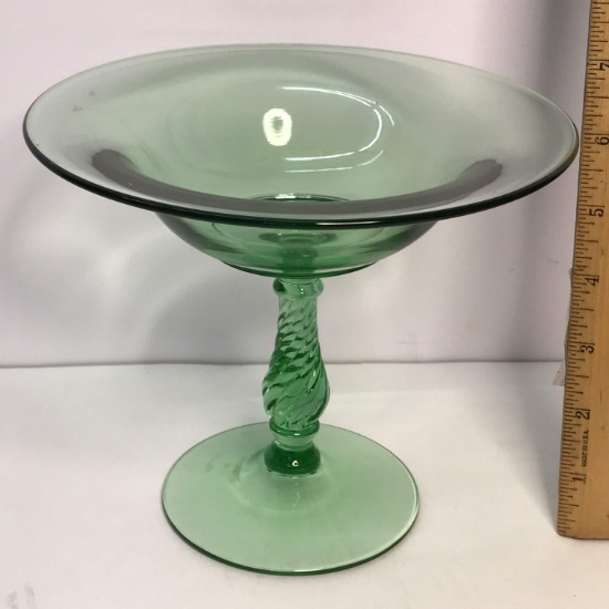 Pretty Vaseline Glass Swirled Stem Pedestal Dish-Glows Under Black Light!