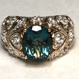 Pretty Gold Over Sterling Silver Ring Green Stone & Small Clear Stones Size 7