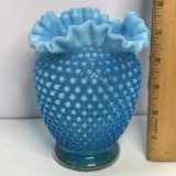 Beautiful Blue Hobnail Opalescent Vase with Ruffled Edge Top -Fenton?