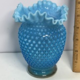 Beautiful Blue Hobnail Opalescent Vase with Ruffled Edge Top -Fenton?