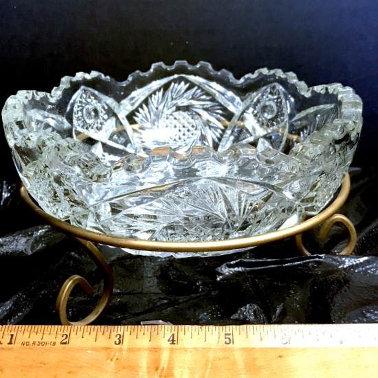 Pressed Glass Bowl on Gold Metal Stand