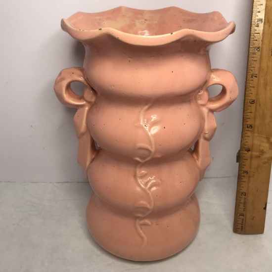 Vintage Signed McCoy Double Handled Tall Pink Pottery Vase