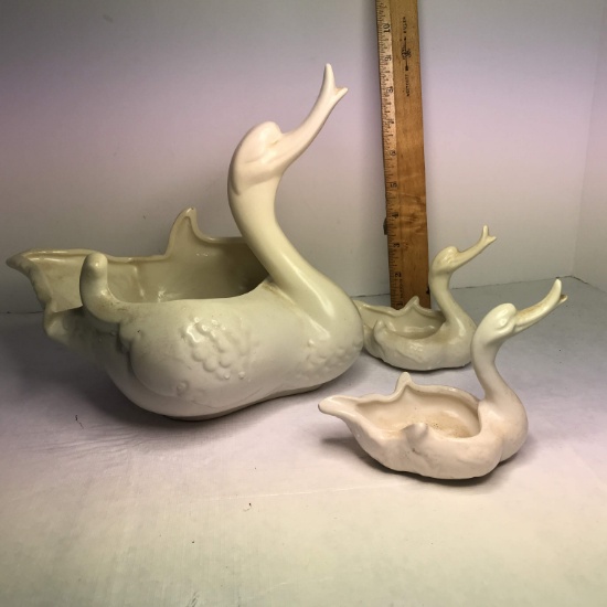 Signed “Hull” Pottery Swan Bowl with 2 Baby Swans