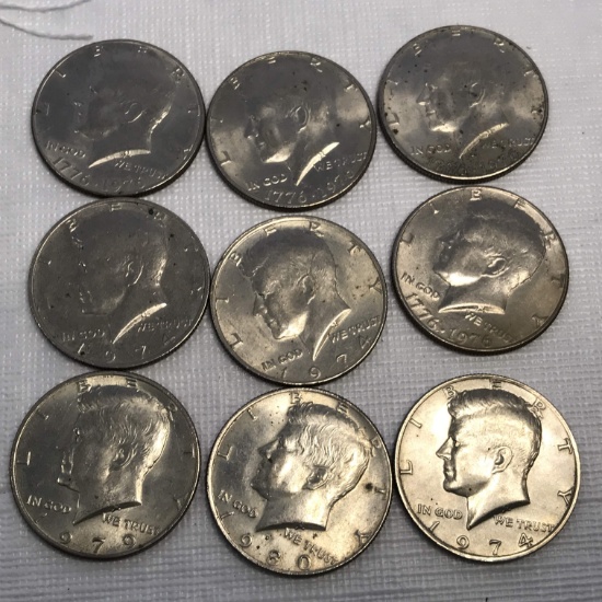 Lot of 9 - 1974 to 1980 Kennedy Half Dollars