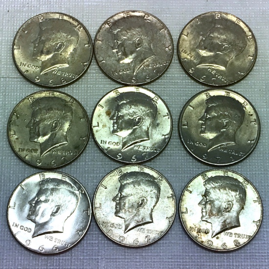 Lot of 9 - 1967 & 1968 Kennedy Half Dollars