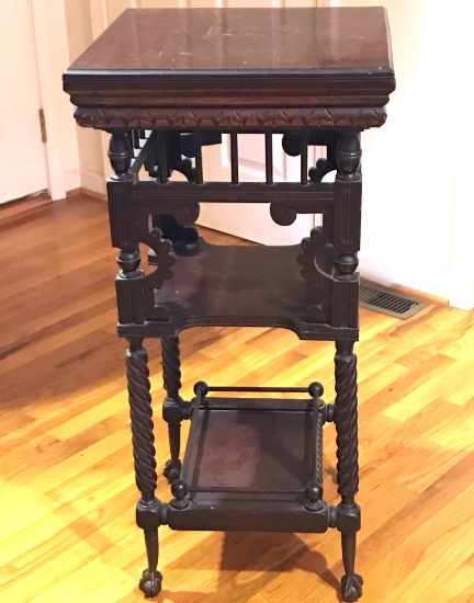 Tall Eastlake Wooden 3-Tier Table with Claw & Ball Feet, Twisted Legs & Ornate Carvings
