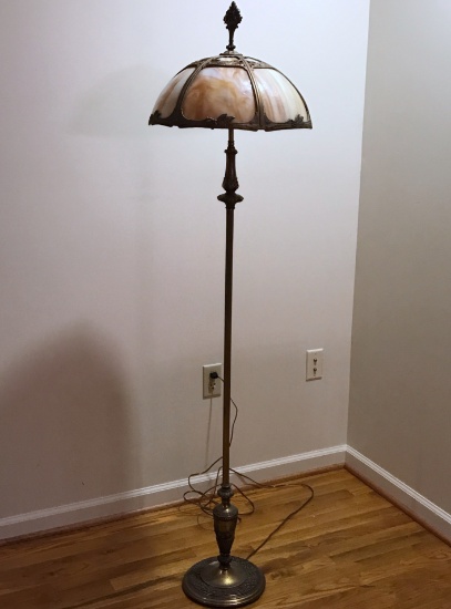 Vintage Brass Finish Floor Lamp with Stained Glass Shade & Cast Iron Base