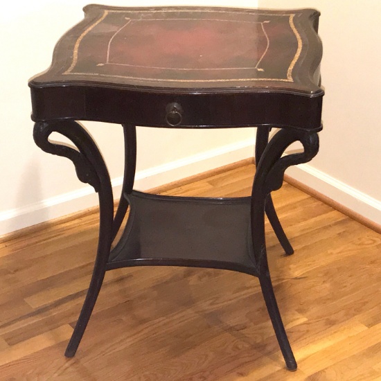 Antique Wooden Single Drawer 2-Tier Table with Leather Top & Detail Carved Gooseneck Legs