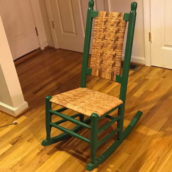 Vintage Painted Green Wooden Rocker with Woven Back & Seat